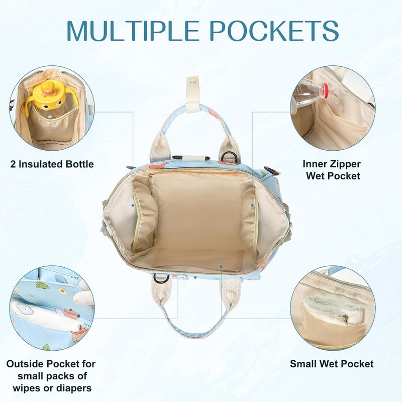 Mozzilog Small Diaper Bag Crossbody, Convertible Mini Diapers Backpack 4 in 1 w/Shoulder for Stroller, Travel, Small Mommy Daiper Tote with Insulated Pockets, Compact Baby Bag for Mom (Sky Blue Animal) - Image 5